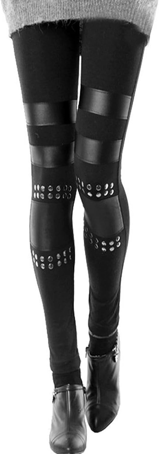 Locomo Women Black Lace Floral Mesh Sheer Leather Inset Legging FFT136
