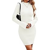 CFLONGE Fall Dresses for Women 2025 Ribbed Knit Bodycon Dress Mock Neck Bell Long Sleeve Pullover Sweater Winter Mini Dresses