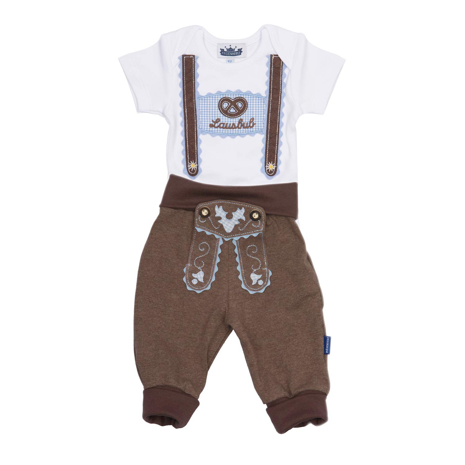 P.Eisenherz Costume Set for Lausbuben Consisting of Baby Bodysuit with Short Sleeves and Appliqué Braces and Baby Jogging Bottoms Leather Trousers Look Brown - A Great Gift, brown, 0-3 Months