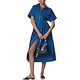 Yeokou Shirt Dress for Women Summer Casual Short Sleeve Button Down Loose Pleated Maxi Sundress with Pockets