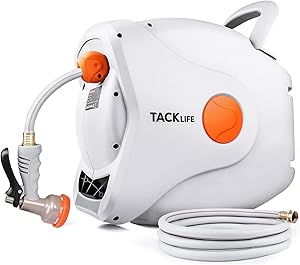 TACKLIFE Retractable Garden Hose Reel 5/8” x 90 FT, Any Length Lock, Slow Return System, Wall Mounted and 180°Swivel Bracket