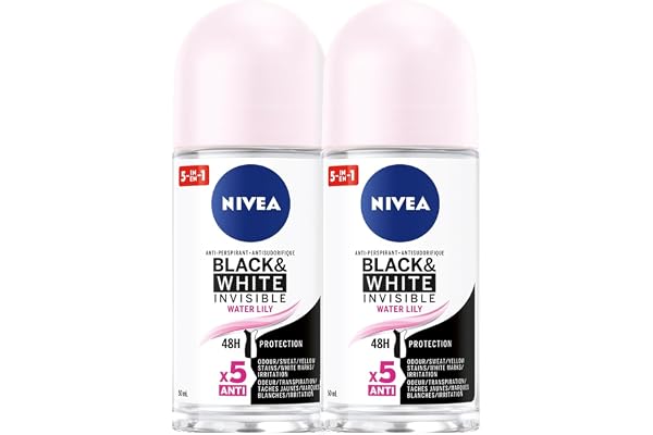 NIVEA Black & White Invisible 48H Protection Water Lily Anti-Perspirant Roll-On, 2x50ml