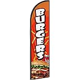 Burgers Feather Flag Banner - 11.5x2.5 Ft Advertising Swooper Flag for Outdoor Business and Events Promotion - Burgers Signs Windless Full Sleeve Banner for Restaurants, Diners, Markets (Only Flag)