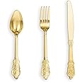 N9R 120pcs Gold Plastic Silverware, Gold Disposable Silverware Include 40 Forks, 40 Spoons, 40 Knives, Gold Plastic Flatware, Gold Cutlery Set Disposable for for Party, Wedding and Daily Use