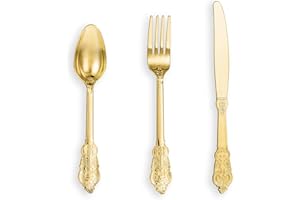 N9R 120PCS Gold Plastic Silverware, Disposable Silverware Include 40 Forks, 40 Spoons, 40 Knives, Gold Cutlery Set Disposable for Party, Wedding and Daily Use