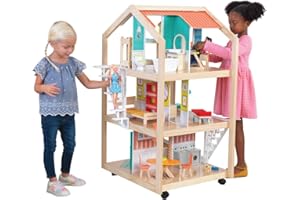 KidKraft So Stylish Mansion Wooden Mid-Century 360-Play Dollhouse with Wheeled Base and 42 Accessories, Gift for Ages 3+