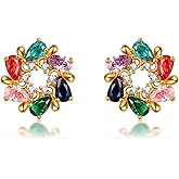 Colorful Flower Earrings 18K Gold Plated Multicolor Cubic Zirconia Huggie Stud Earrings for Women Cubic Zircon Earrings CZ Jewelry Gifts (Colorful Flower & CZ-8)