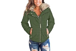 Vetinee Women Casual Faux Fur Lapel Zip Pockets Quilted Parka Jacket Puffer Coat