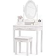Mecor Vanity Table Set ,Makeup Table with Oval Mirror & Stool, Bedroom Wood Dressing Table with 4 Drawers White