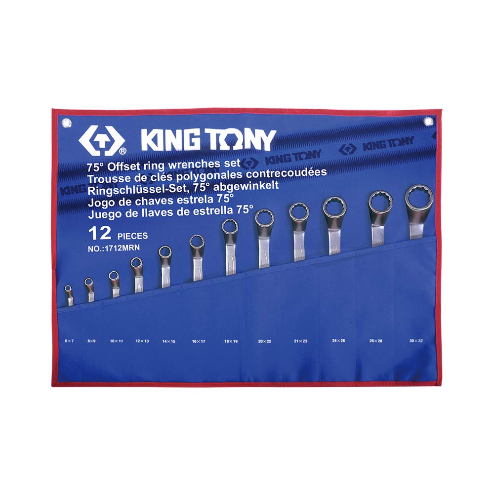 KING TONY 1712MR 75 Degrees Offset Ring Wrench Set with Nylon Pouch Bag, 6 mm - 32 mm Size, 12 Piece