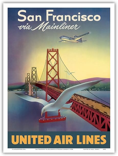 Amazon Co Jp サンフランシスコ経由でエリート航空機 ユナイテッド航空 サンフランシスコ オークランドベイブリッジ ビンテージな航空会社のポスター によって作成された ウィリアム ローソン C 1950s アートポスター 23cm X 31cm ホーム キッチン