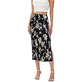 Midi Skirts for Women with Slit Long Knee Length Floral Elastic Pleated High Waisted Womens Skirt