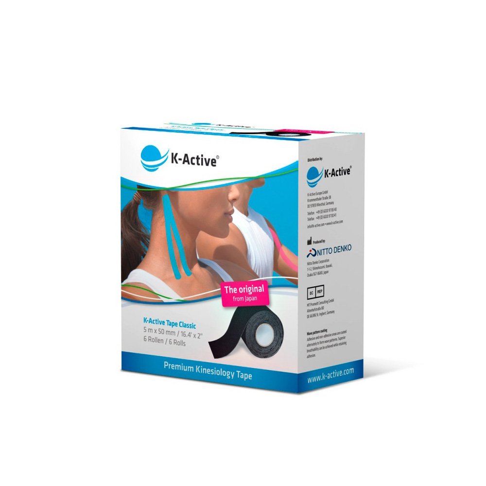 K-Active Kinesiology Tape Classic Black, Water Repellent and Hypoallergenic, 50 mm x 5 m, 6 roll Set