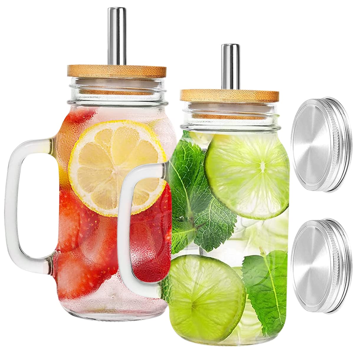 Jetcloud 2pcs Drinking Glass Cups with Lids & Straw 700ml Drinking Mason Jars Mugs with Handle Transparent Can Shape Beer Glasses for Smoothies Juice Coffee Cocktail Whiskey (2PCS(Style 2)