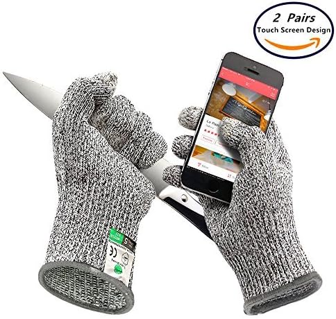 2 Pairs Touch-Screen Cut Resistant Gloves, Safety Gloves For Cooking- High Performance Level 5 Protection, Food Grade, Kitchen Glove for Cutting, Slicing, machine, Wood Carving and Yard Work (Large)