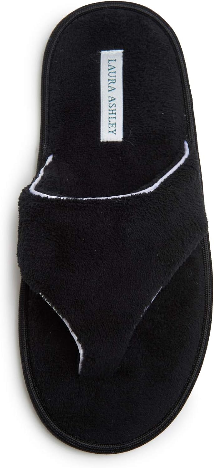 Laura Ashley Womens Fleece Thong House Slippers with Memory Foam, Ladies Easy Slip