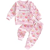 Lamuusaa Baby Girl Birthday Outfit Birthday Girl Embroidery Crewneck Sweatshirt Cake Bow Print Pants Cake Smash Outfit