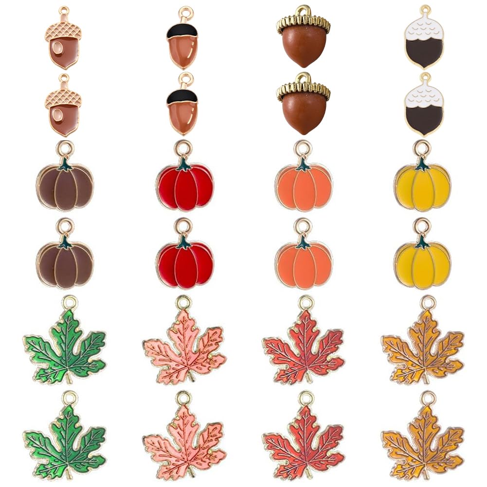 SUNNYCLUE 1 Box 24pcs Fall Charms Bulk Maple Leaf Charm Alloy Enamel Autumn Charms Thanksgiving Leaves Pumpkin Nut Charm for jewellery Making Holiday DIY Earring Bracelet Necklace Women Adults