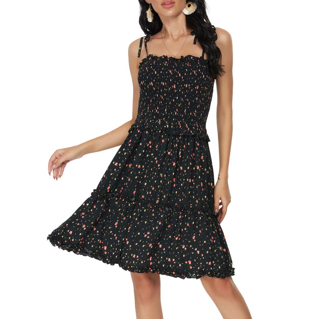 Photo 1 of ***(STOCK PHOTO FOR REFERENCE ONLY/ COLORS WILL DIFFER)***pasidvy Women's Sleeveless Backless Tie Shoulder A Line Short Dresses Ruffle Tube Top Beach Mini Dress (2-6202-Black Flower-M)