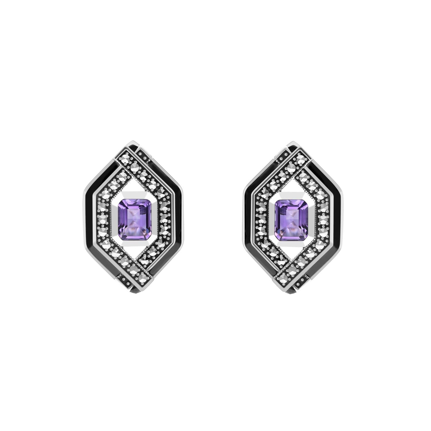 Esse Marcasite Sterling Silver Amethyst Marcasite & Black Enamel Art Deco Stud Earrings