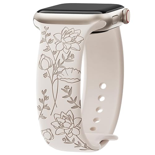 Yoohoo Floral Engraved Strap for Apple Watch Straps 38mm 40mm 41mm 42mm 44mm 45mm 46mm 49mm,Cute Flower and Soft Silicone Sport Band for iWatch Series 11 10 9 8 7 6 5 4 3 2 1 SE Ultra,Women,Starlight