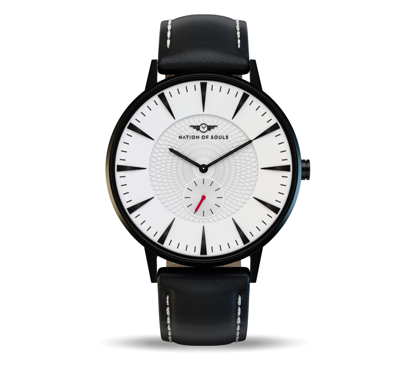 Nation of Souls Eclipse Collection Black and White Men's 42mm Stainless Steel Case Wrist Watch with 20mm Leather Strap British Designed Watches