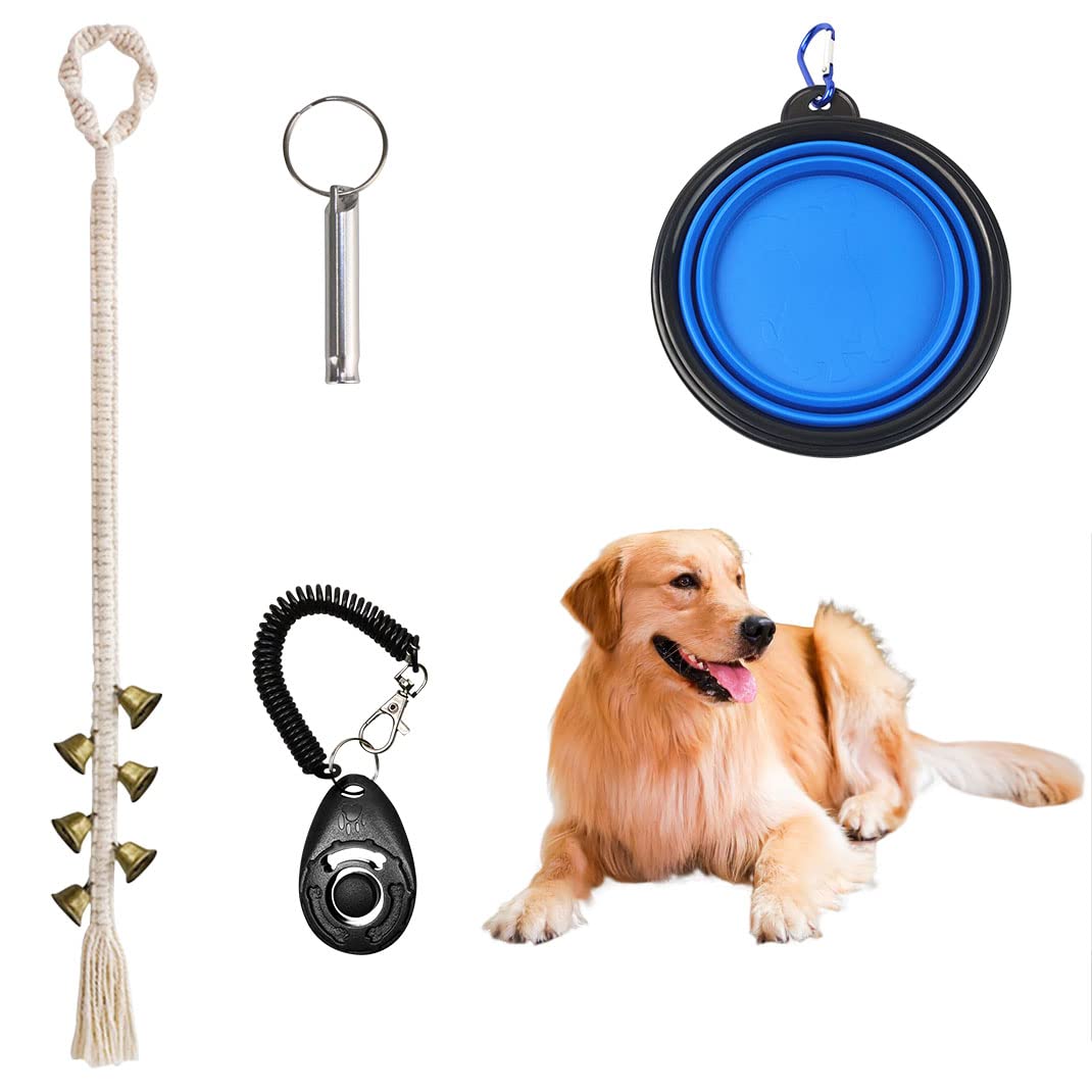 DIYBravo 4PCS Cotton Dog Door Bells Kit, Dog Bells Toilet Training, Adjustable Length Dog Doorbell with Dog Training Clickers, Dog Whistle and Collapsible Dog Bowl (4PCS Kit)