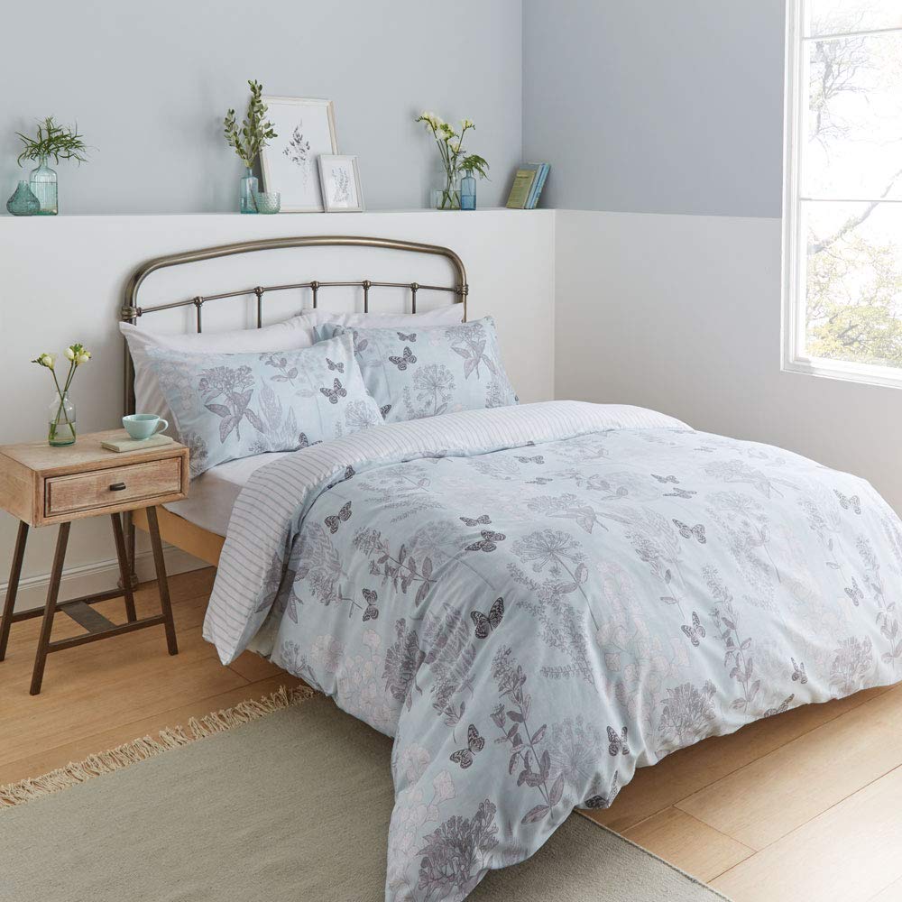 Catherine Lansfield Floral Butterfly Easy Care Single Duvet Set Duck Egg