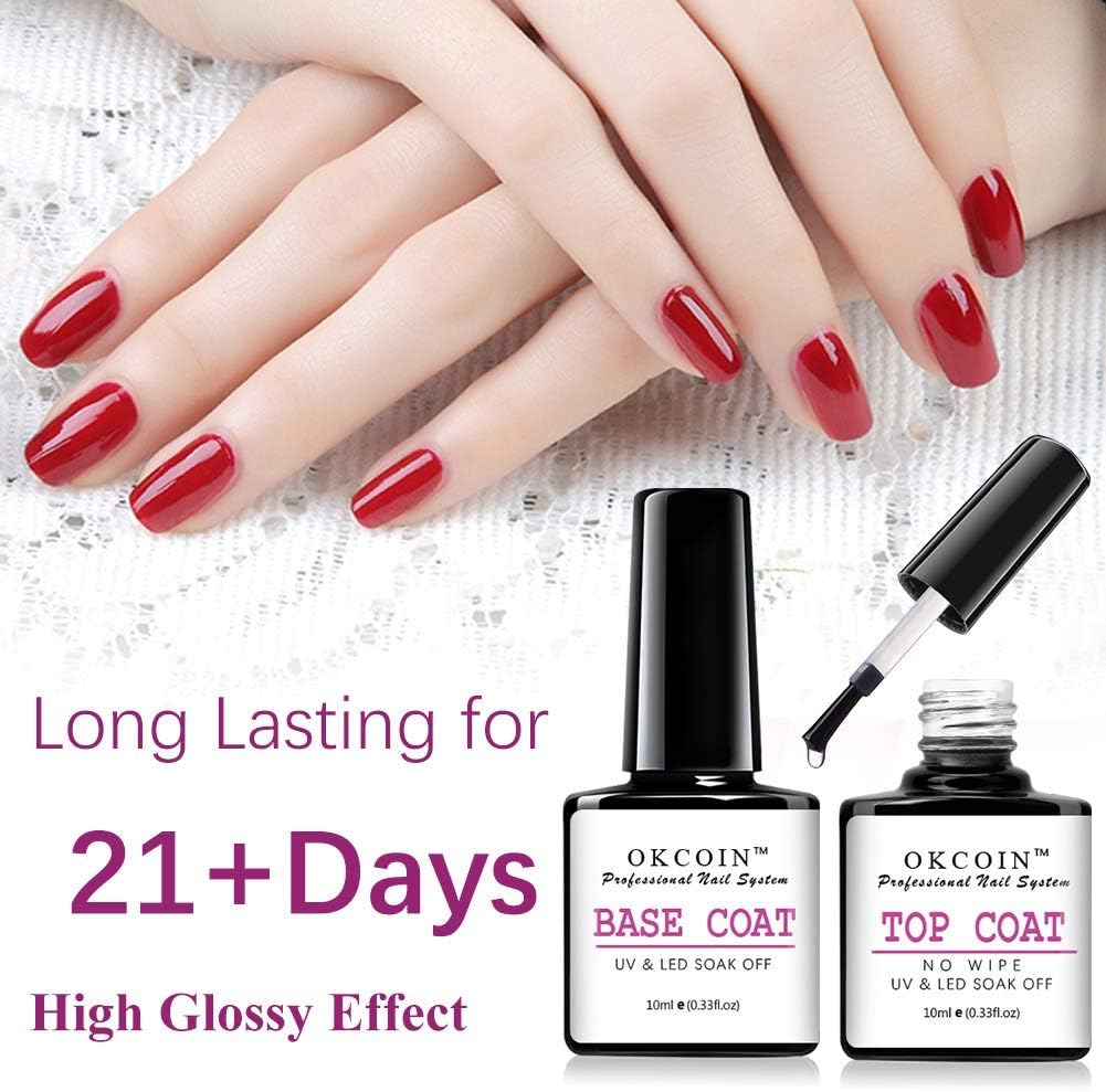 OKCOIN No Wipe Top Coat and Base Coat Set, 10ml UV LED Soak Off High Glossy and Shiny Finish New Upgraded Formula Long-Lasting Base Top Coat for Home DIY and Nail Salon: Health & Personal Care