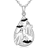 Ghost Necklace Halloween Necklace for Women 925 Sterling Silver Boo Black Bat Pendant Halloween Gifts for Women