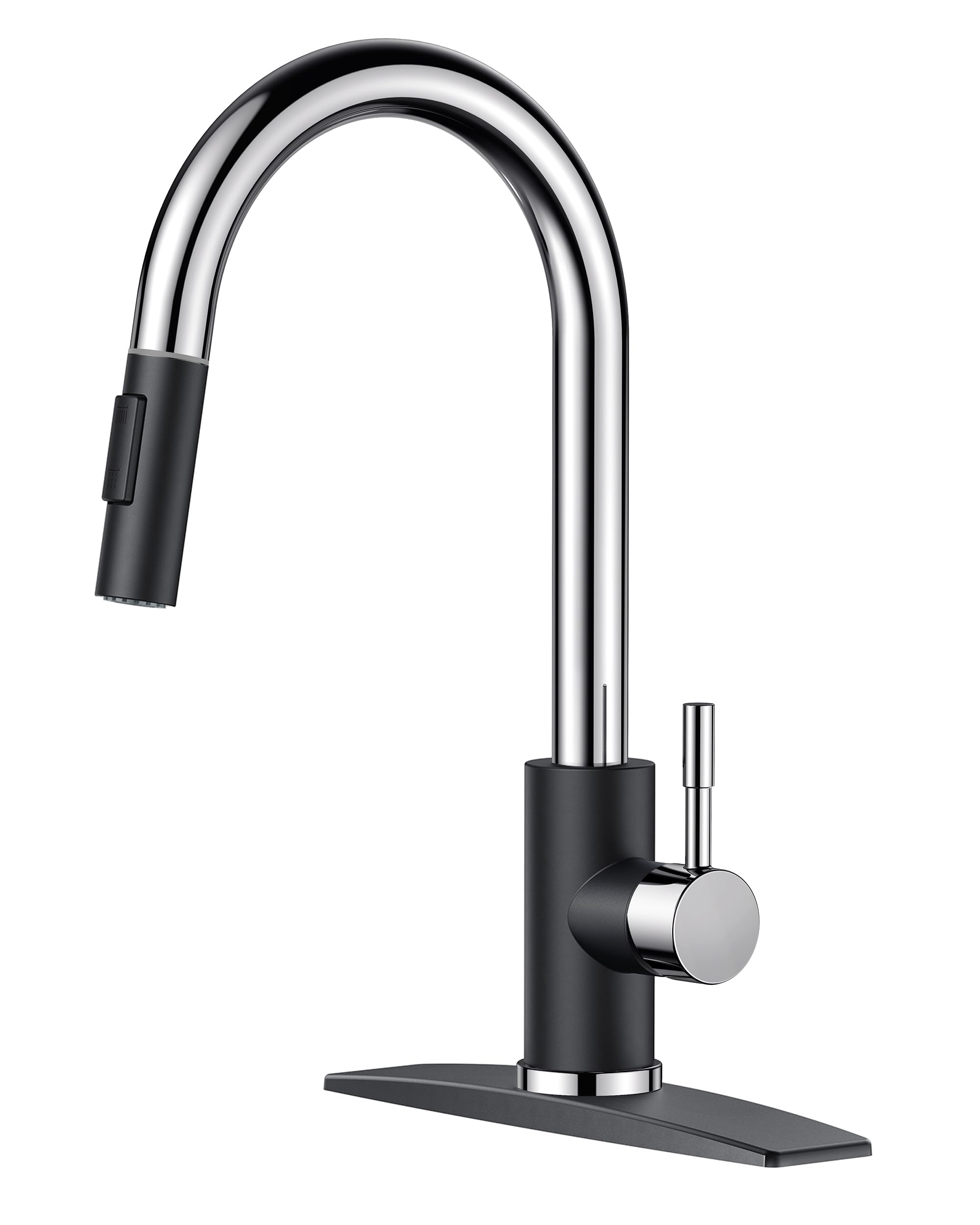 FORIOUS Kitchen Faucet with Pull Down Sprayer, High Arc Modern Classic Sink Faucet Stainless Steel with Deck Plate Fit for 1 or 3 Hole for Pot Filler Bar Farmhouse Laundry Rv, Black Chrome Image