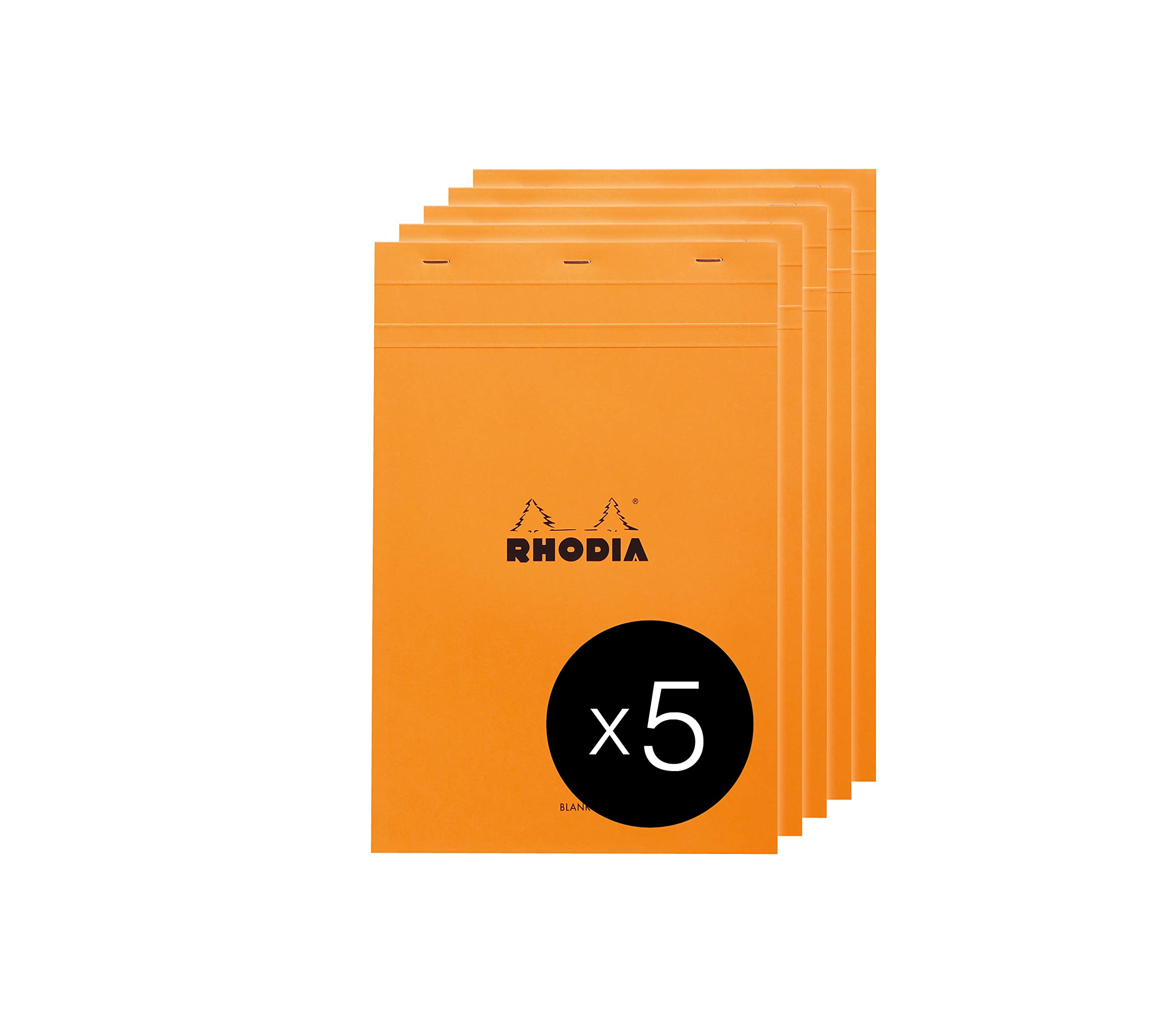 RHODIA 18000C - Stapled Notepad N°18 Orange - A4 - 80 Detachable Sheets - Plain White Clairefontaine Paper 80 g/m² - Coated Card Cover - Pack of 5 pads