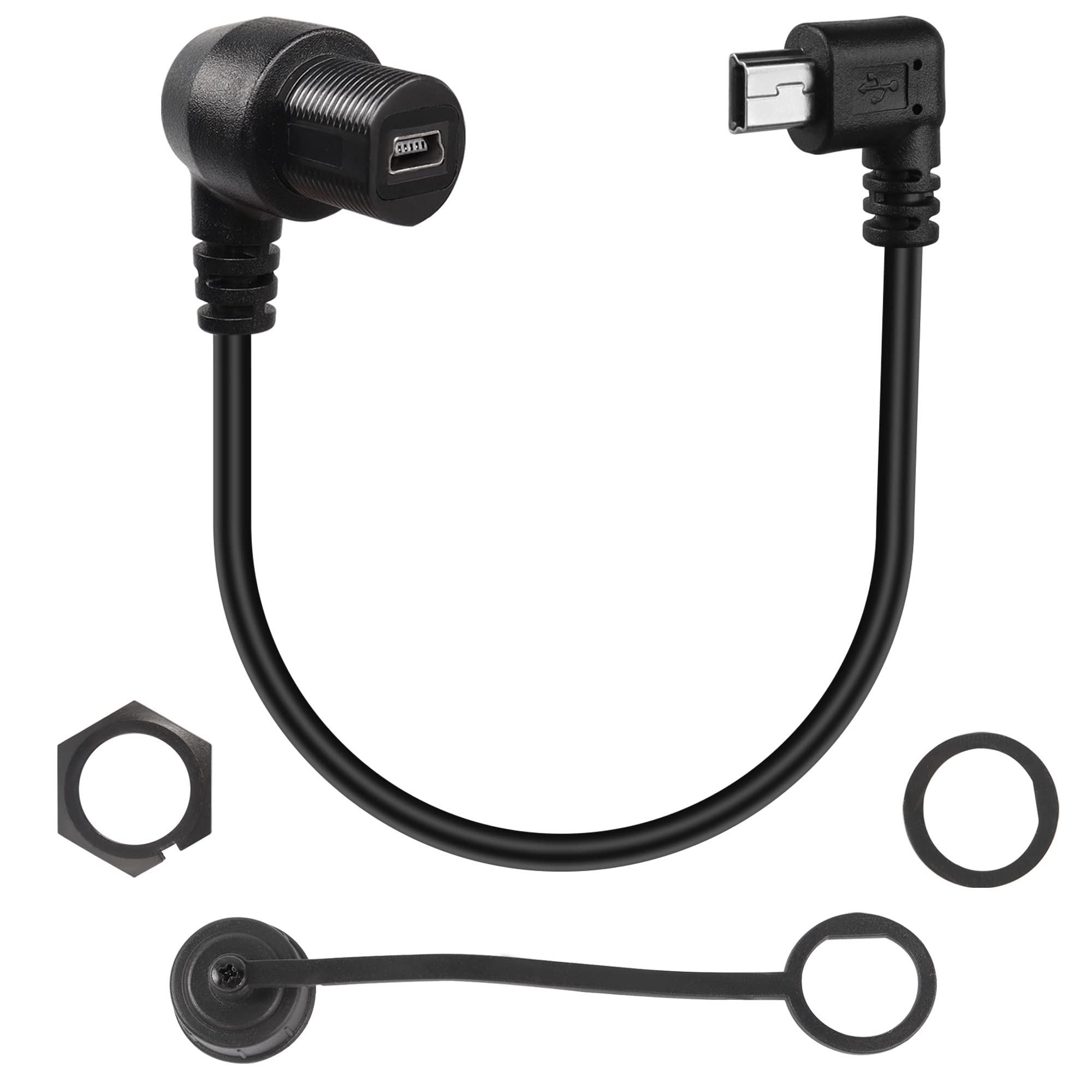 QIANRENON 90 Degree Angle Mini USB Round Recessed Waterproof Extension Cable Mini USB 5 Pin Right Angle Male to Female Panel Mount Cable, Threaded to Dashboard or Panel,28cm/11in (left Bend Male)