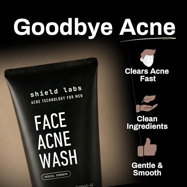 SHIELD FACE ACNE WASH FOR MEN AND BOYS, CUROXYL-42 FACE WASH TO CLEAR, TREAT, AND PREVENT ACNE, GENTLE FORMULA WITH NIACINAMIDE, HYALURONIC ACID, AND CERAMIDES, UNSCENTED, 5.1 OZ, PACK OF 1
