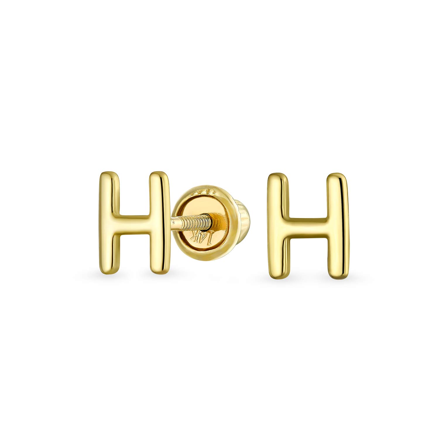 ABC Minimalist Real Yellow 14K Gold Capital Block Alphabet Letter Initial H Stud Earrings Safety Ball Screw Back For Teen For Women