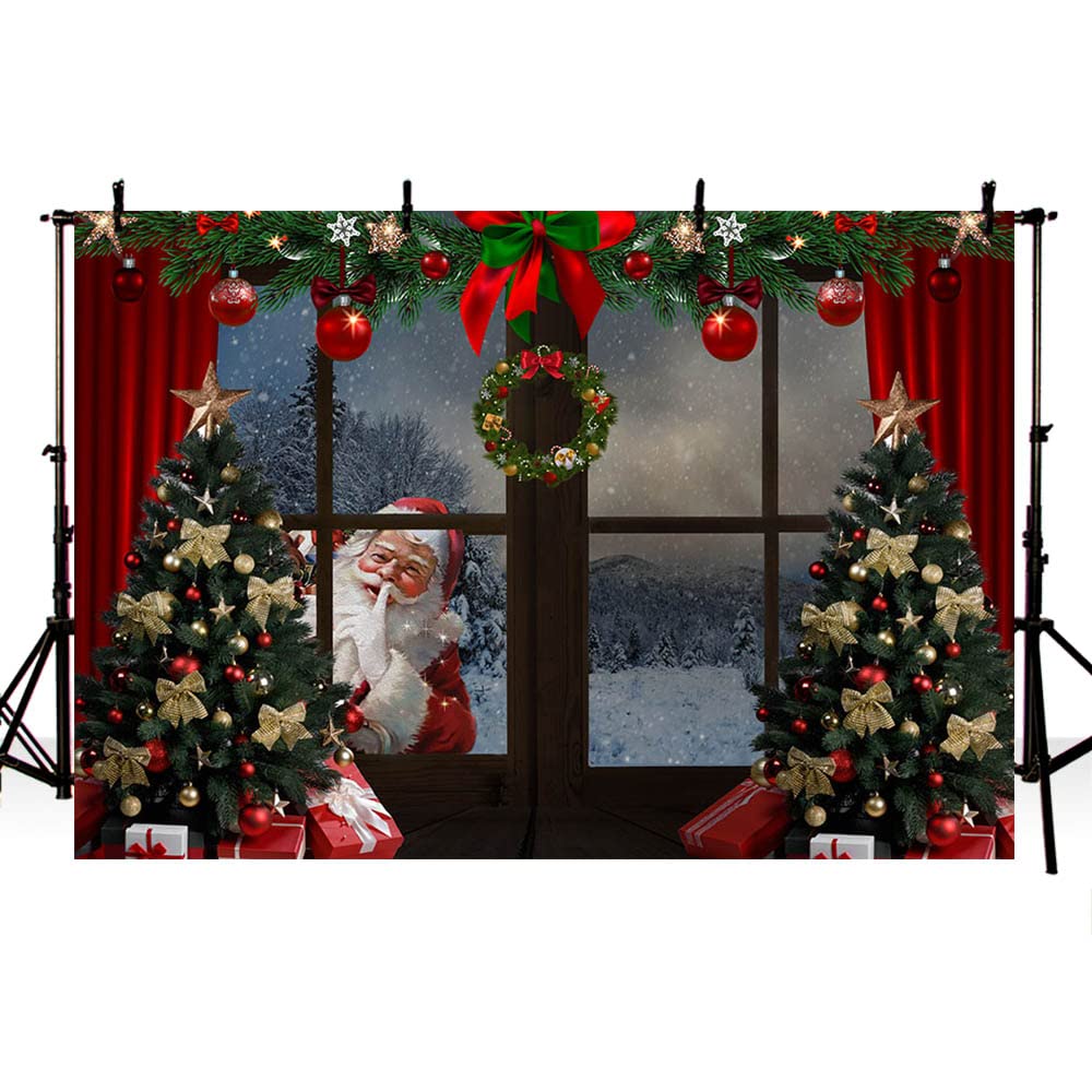 MEHOFOND 8x6ft Christmas Backdrop Xmas Tree Gift Box Santa Claus Garland Window Winter Snow Scene Photography Background Family Festival Decoration Photo Studio Booth Props Supplies