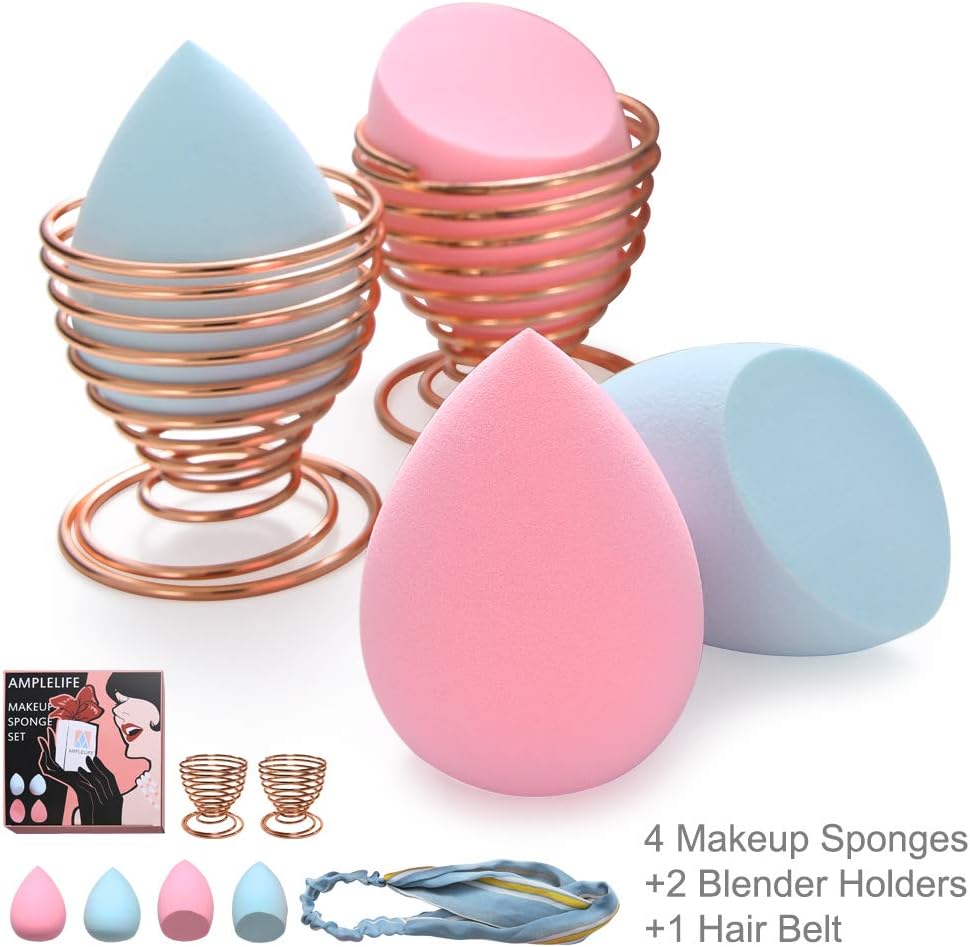 Makeup Beauty Sponges Blender - 7 in 1 Set with 4 pieces Latex Free and Vegan Egg Shaped Blender and 2 Blender Holders and 1 Hair Belt for Flawless Coverage Liquid Creams and Powders