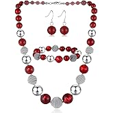 PEARL&CLUB Beaded Chunky Statement Necklace Earring and Bracelet Set Silver Metal Bead Fashion Jewelry Set Mothers’ Day Gifts for Women