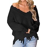 Womens Loose Knitted Off The Shoulder Sweater Solid V Neck Long Sleeve Pullover Ripped Crop Top