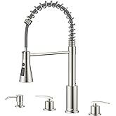 DAYONE 4 Holes Kitchen Faucet Brushed Nickel, Commercial 3 Hole Kitchen Sink Faucet with Soap Dispenser, 2 Handle High Arc Stainless Steel Faucet for Sink