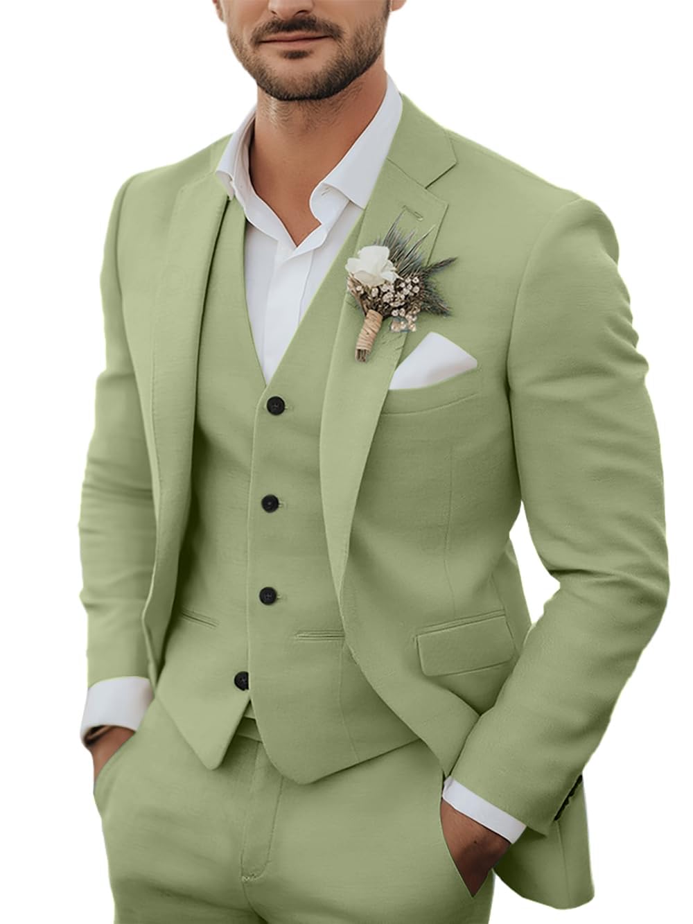Photo 1 of Men's 3 Piece Linen Suits Casual Lightweight Blazer Jackets Vest Pants Set for Wedding Business Prom Suit Light Green L