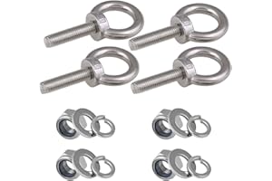 Abimars 304 Stainless Steel Machinery Shoulder Lifting Eye Bolt, 4 PCS M10 Extended Thread Lifting Eyebolts with Lock Nuts, Lock Washers, Flat Washers