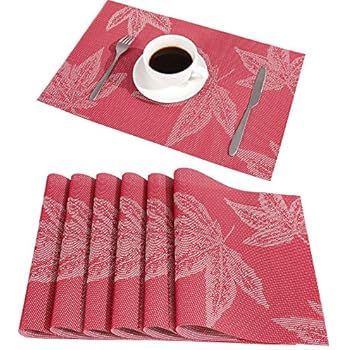 DOLOPL Placemats Maple Leaf Place Mats Fall Placemats Set of 6 Easy to Clean Heat Resistant Waterproof Non Slip for Dining Kitchen Harvest Season Thanksgiving Day Halloween(Red)