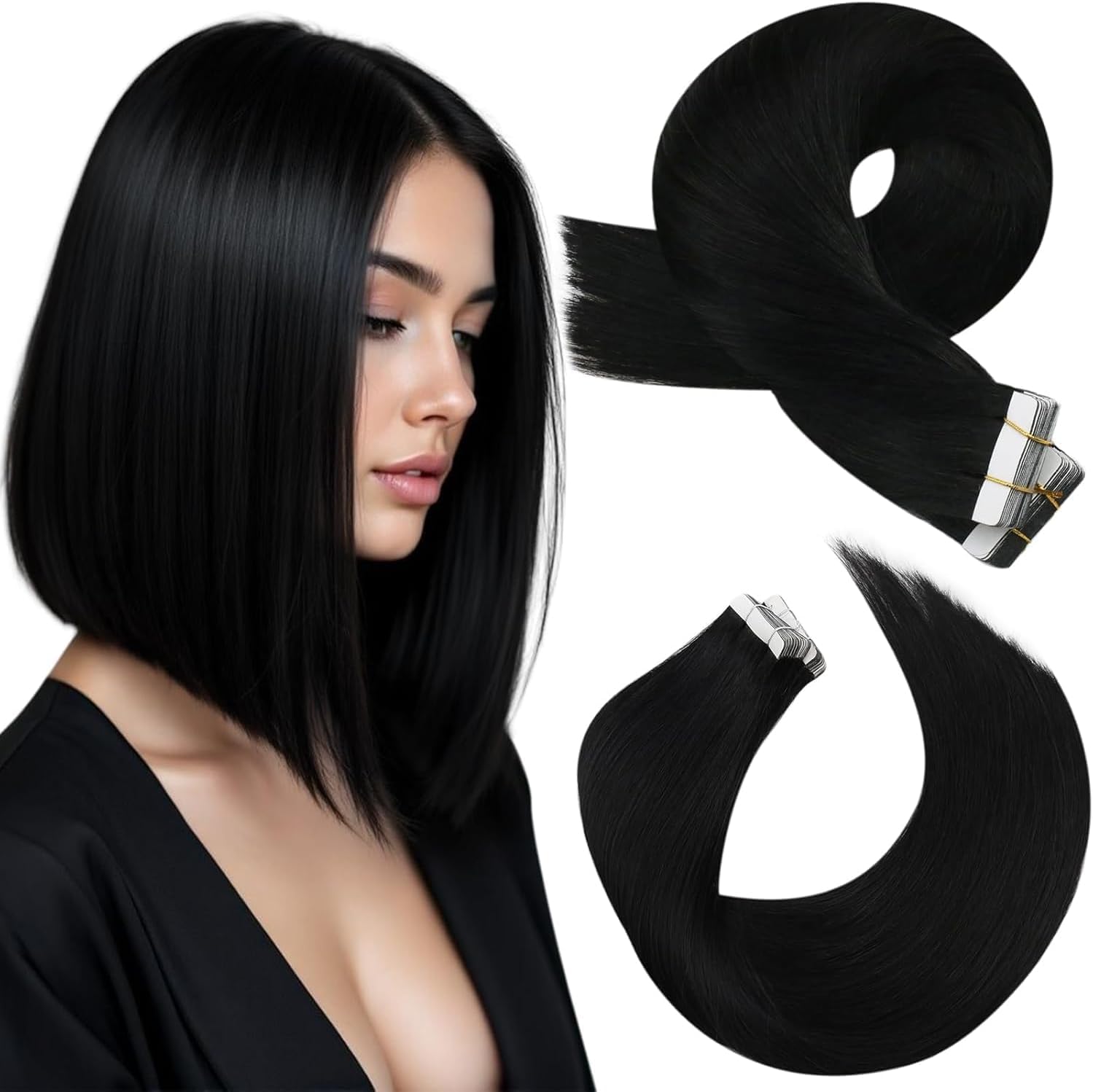 Moresoo Black Hair Extensions Tape in Remy Hair Invisible Tape in Hair Extensions Human Hair Black for Women Short 12 Inch 20pcs/30g #1 — image 1