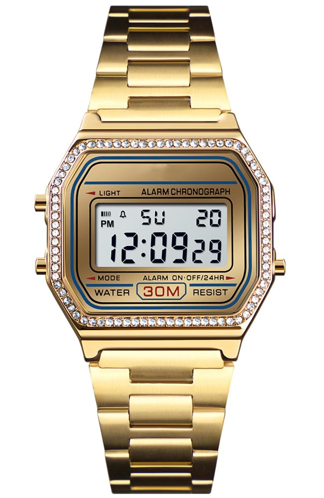 PASOY Men's Digital Gold Stainless Steel Watch Backlit Multifunction Stopwatch Waterproof Sport Watches, Gold with crystal bezel, M, Digital