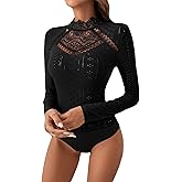 OYOANGLE Women's Elegant Lace Long Sleeve Mock Neck Embroidery Slim Fit Bodysuit Tee Tops