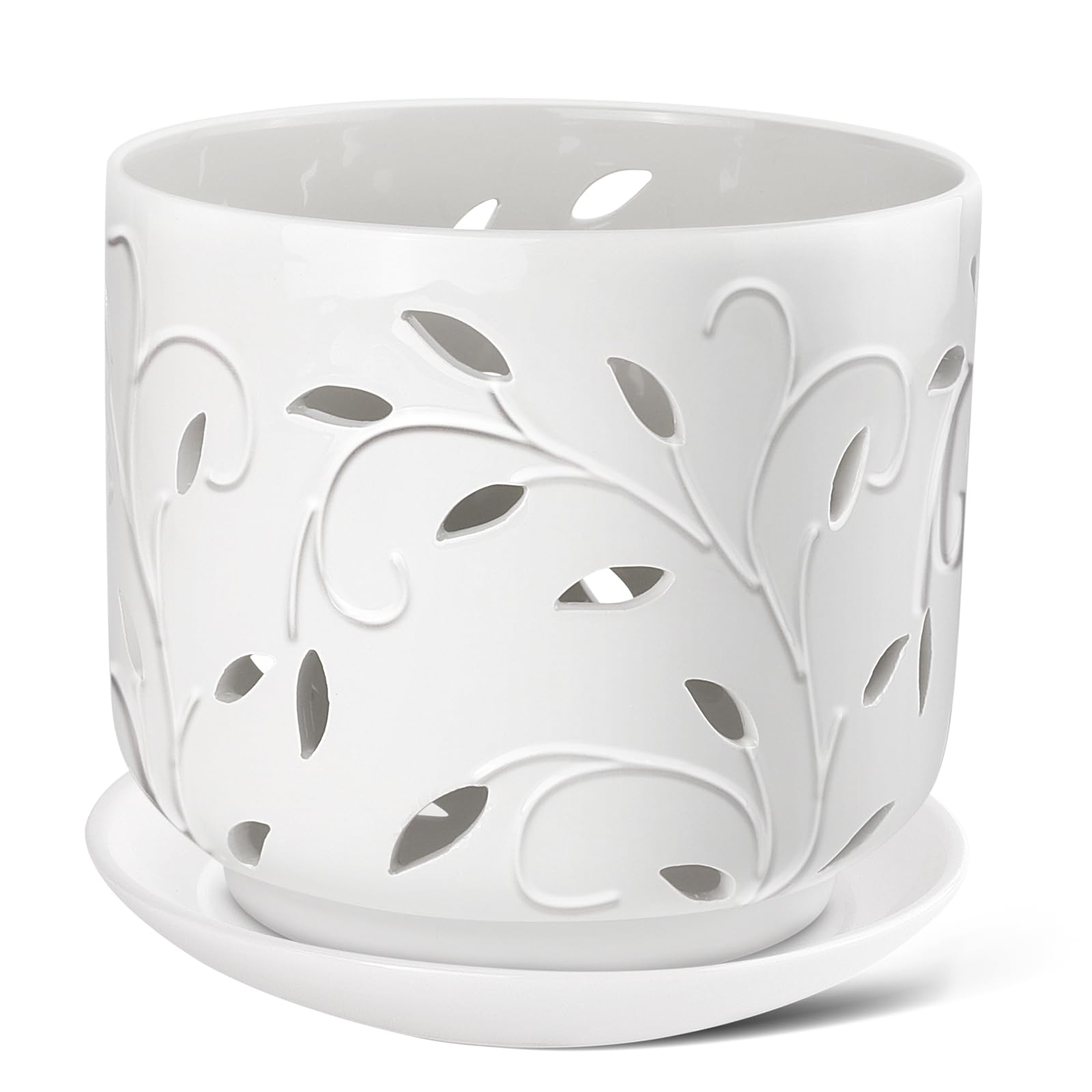 Photo 1 of Orchid Pots with Holes, 7 Inch Orchid Pots with Drainage Holes and Tray, Indoor or Outdoor Ceramic Flower Pot for Orchid Care, Promoting Air Circulation - White