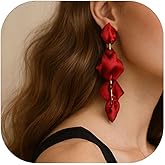 ZENCHEER Long Acrylic Rose Petal Clip on Dangle Earrings, 14K Gold Plated Chunky Statement Flower Earrings Clips Minimalist Hypoallergenic Floral Tassel Earrings for Non Pierced Eears