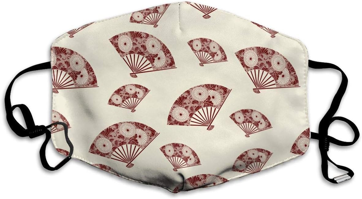 Japanese Cream Brown Fan Washable Reusable Safety Mask, Cotton Anti Dust Half Face Mouth Mask For Kids Teens Men Women With Adjustable Ear Loops