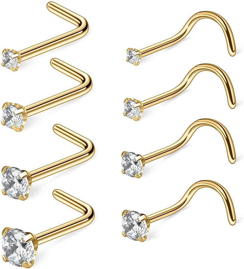 8 Pcs 18 Gauge Stainless Steel Nose Rings Studs L Shaped Crook Nose Body Piercing Jewelry 1.5mm 2mm 2.5mm 3mm Diamond CZ…